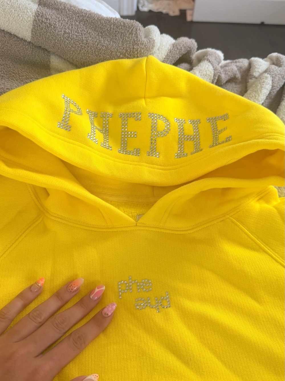 Yellow Hoodie with Rhinestone 'PHEPHE' Detail